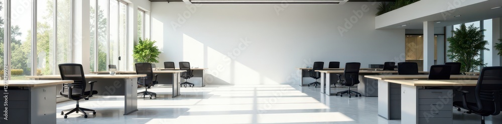 Bright, open-plan office with desks and a large empty wall , clean lines, office space, commercial Bright, open-plan office with desks and a large empty wall , clean lines, office space, commercial