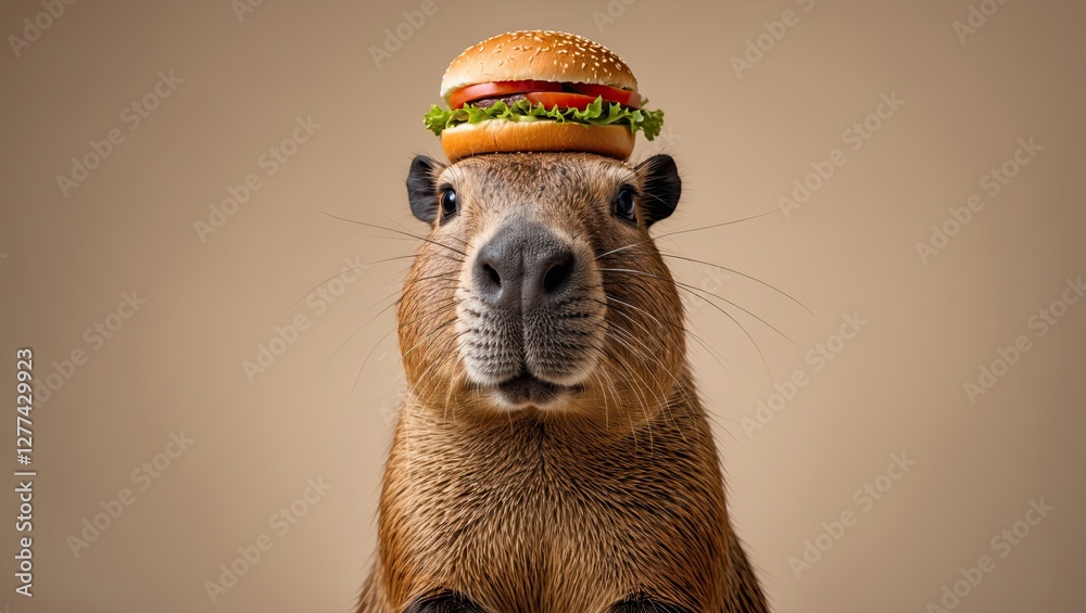 Obraz premium A capybara with a sandwich resting on its head, surrounded by a light sandy background and scattered particles, creating a playful atmosphere