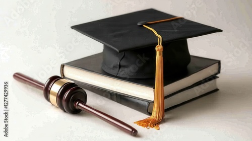A graduation cap rests atop law books next to a gavel, symbolizing the completion of legal studies and the journey into the legal profession.