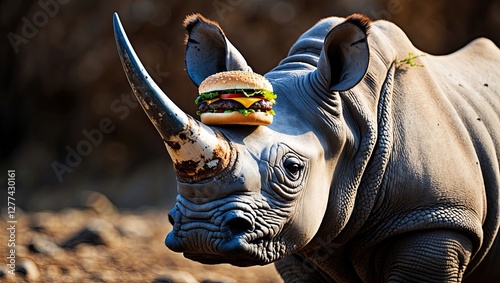 A rhinoceros with a hamburger on its horn, set against a natural outdoor backdrop, humorously combines wildlife with playful culinary elements photo