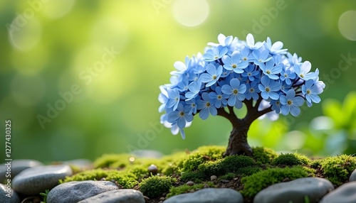 miniature bonsai tree with vibrant blue flowers on green moss, surrounded by smooth stones, outdoor nature scene with blurred background, beautiful bonsai art
