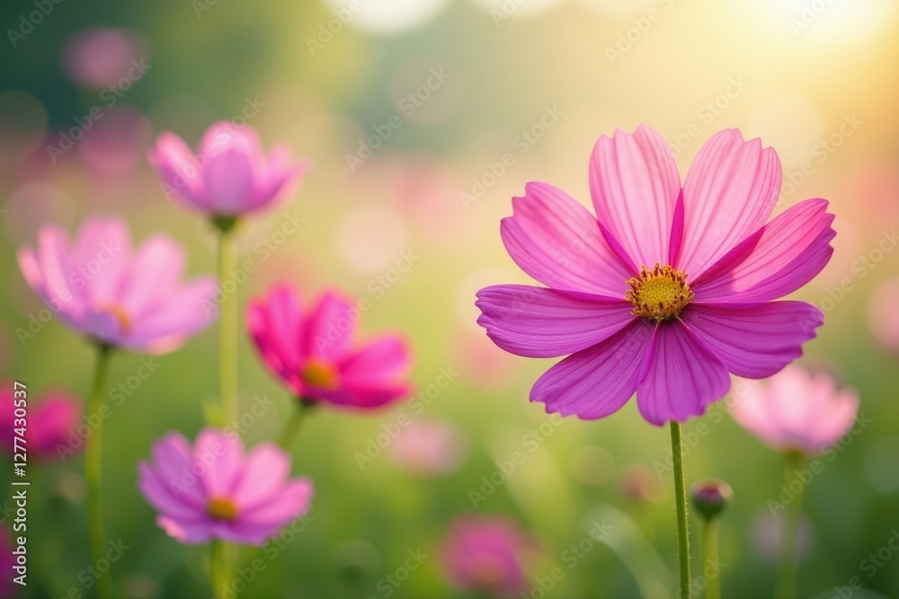 Cosmos flowers swaying gently in summer breeze, soft light, outdoor, purple Cosmos flowers swaying gently in summer breeze, soft light, outdoor, purple