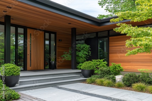 Wallpaper Mural Modern Residence Exterior Showcasing Wood Cladding Doorway and Landscaped Garden with Greenery in a Contemporary Style Torontodigital.ca