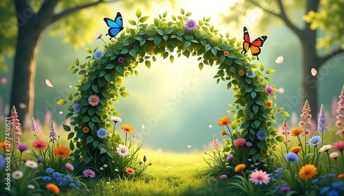 enchanting floral archway with colorful flowers and butterflies, lush green garden scene, serene sunlit forest background, perfect for nature and garden themes, visually appealing botanical setting