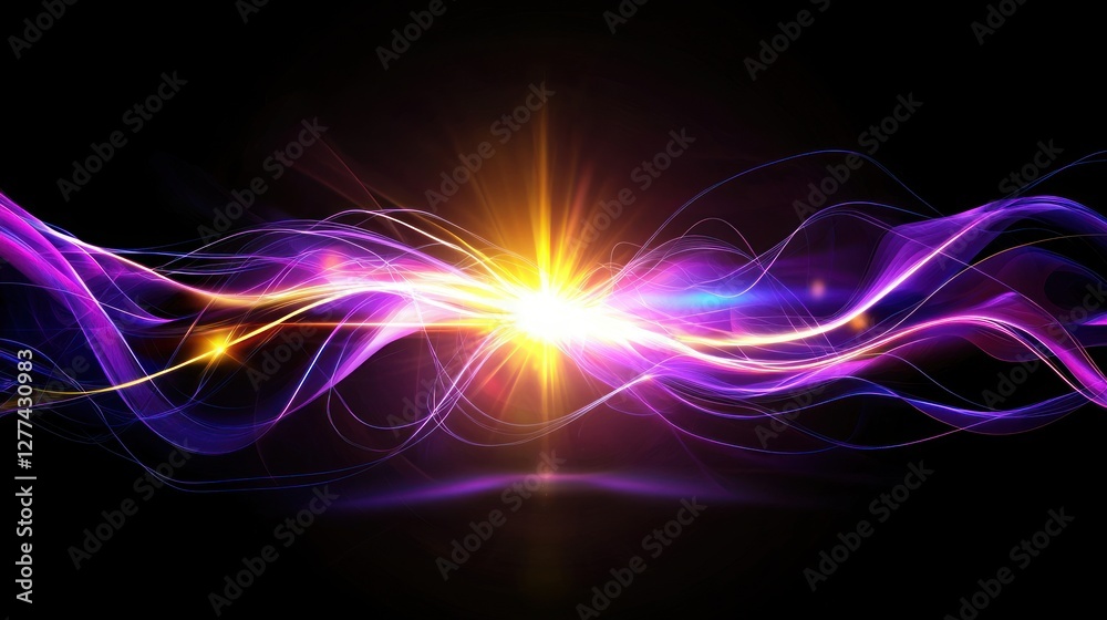 Abstract energy wave with vibrant purple and gold light streams on a dark black background creating a dynamic and futuristic design for technology and innovation Abstract energy wave with vibrant purple and gold light streams on a dark black background creating a dynamic and futuristic design for technology and innovation