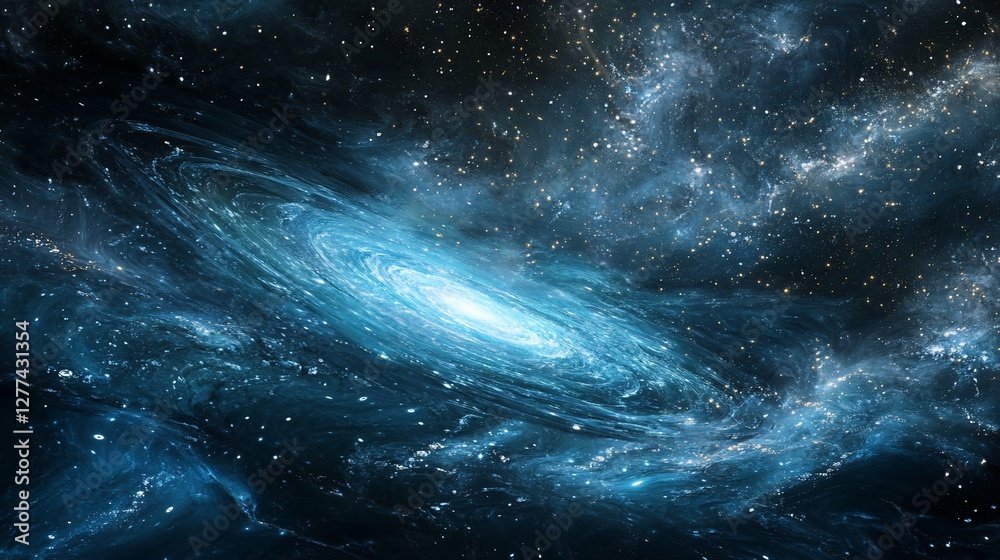 Fototapeta premium Vibrant Blue Galaxy with Swirling Nebula and Sparkling Stars in Deep Space