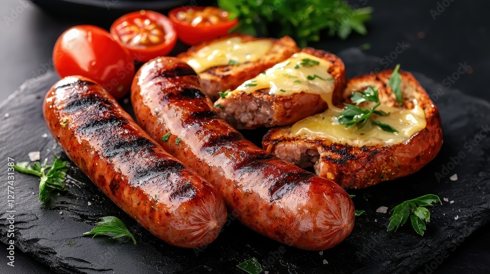 Grilled sausages served with toasted bread topped with melted cheese and cherry tomatoes, garnished with fresh herbs on a black slate plate. Grilled sausages served with toasted bread topped with melted cheese and cherry tomatoes, garnished with fresh herbs on a black slate plate.