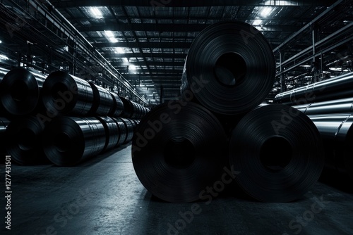 Steel coils stacked in a warehouse