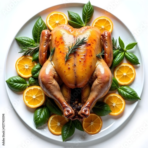 roasted chicken garnished with rosemary, orange slices, and fresh basil on a white plate, vibrant culinary presentation, golden-brown roasted chicken for a gourmet meal,roasted chicken with vegetables