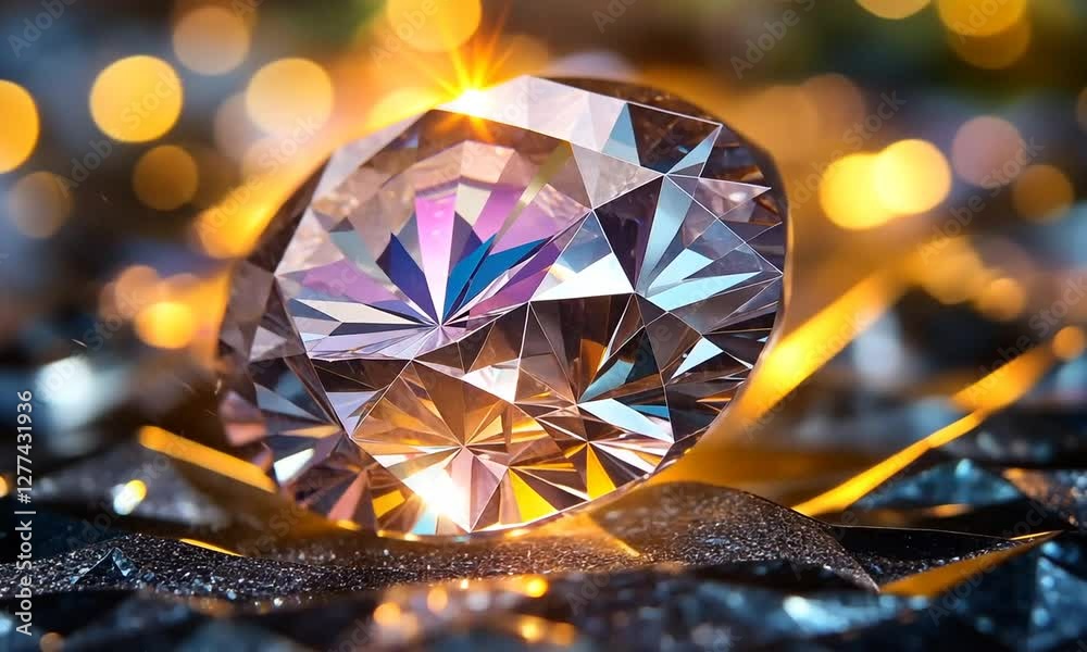 A sparkling diamond resting on a textured surface, illuminated by soft bokeh lights in the background A sparkling diamond resting on a textured surface, illuminated by soft bokeh lights in the background