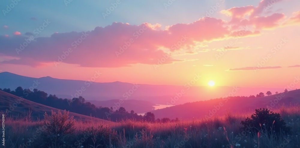 Soft pink and peach tones fade into blue as sun dips below horizon, , calm landscapes, natural light Soft pink and peach tones fade into blue as sun dips below horizon, , calm landscapes, natural light
