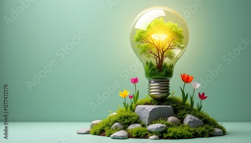 green energy concept with a light bulb encasing a tree, symbolizing environmental sustainability and innovation, eco-friendly technology, nature and energy combined, vibrant flowers