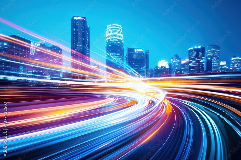 Fototapeta premium Dynamic Urban Landscape at Night with Light Trails in a Modern City with Futuristic Vibe and Abstract Motion