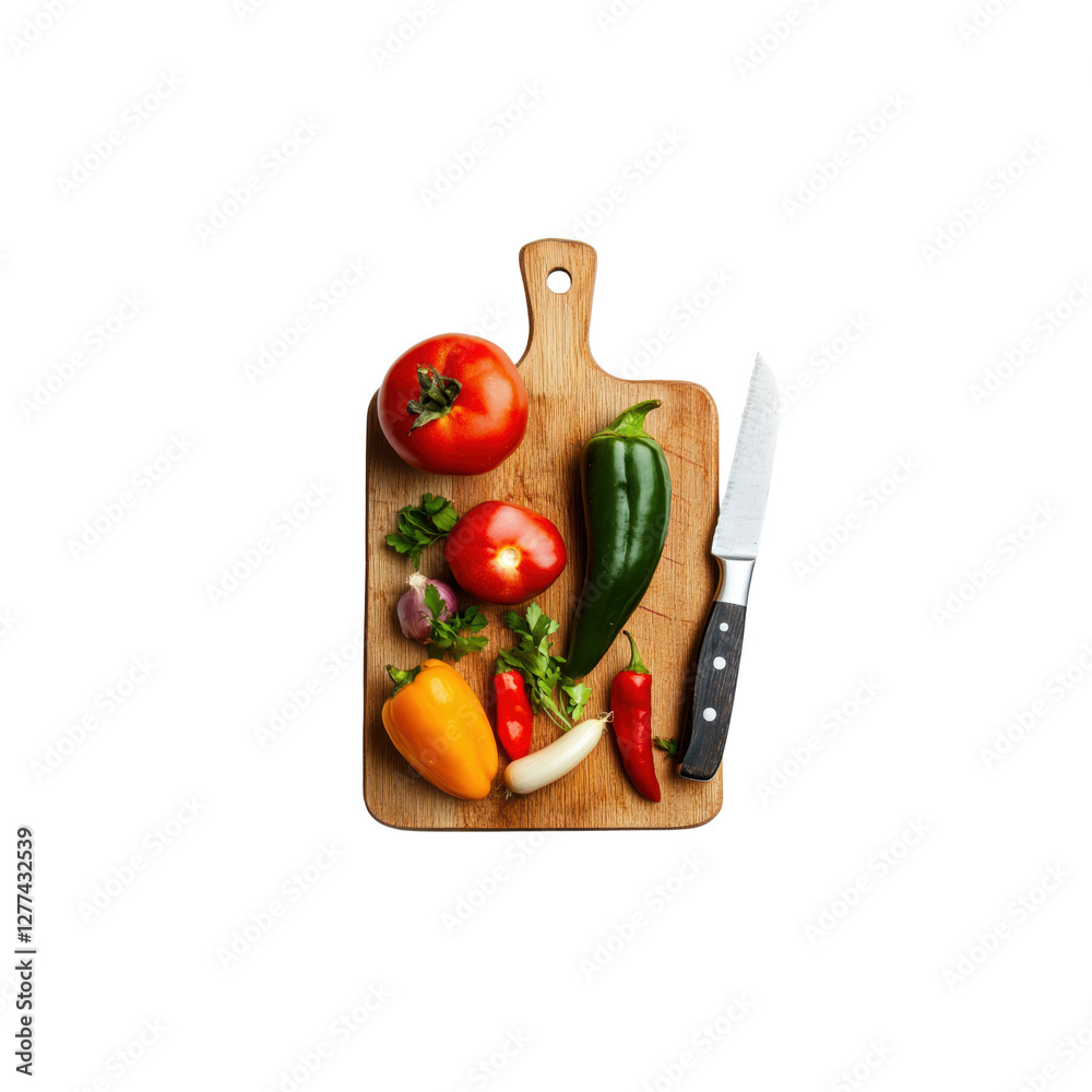 Fresh Vegetables on Wooden Cutting Board with Knife Display Fresh Vegetables on Wooden Cutting Board with Knife Display