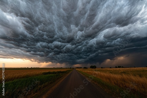 Dramatic storm clouds over a rural road photo