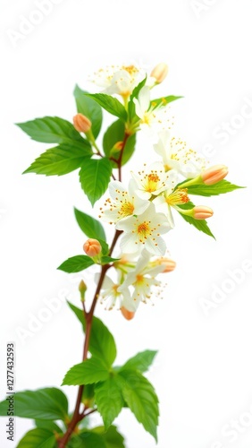 a botanical artwork featuring a branch with delicate white and pale orange blossoms and lush green foliage, set against a plain white backdrop.