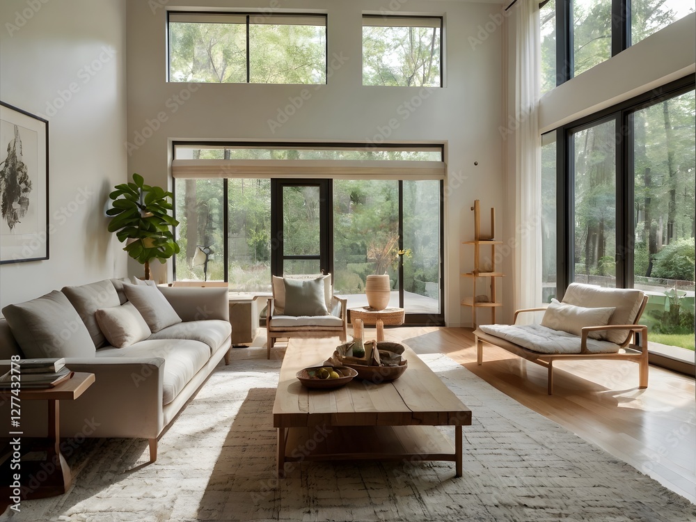 Fototapeta premium Modern Minimalist Living Room Interior Design with Large Windows