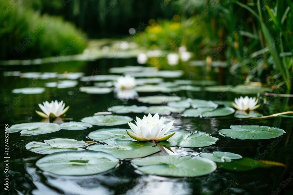White water lilies on pond, tranquil summer scene. Possible use Nature background White water lilies on pond, tranquil summer scene. Possible use Nature background