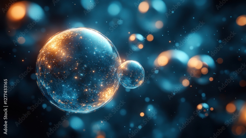 Fototapeta premium Glowing spheres, abstract cosmic scene, blue and orange light.
