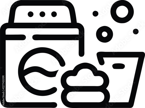 Iconic illustration of a laundry machine and washing basket, depicted in bold black lines for simple design