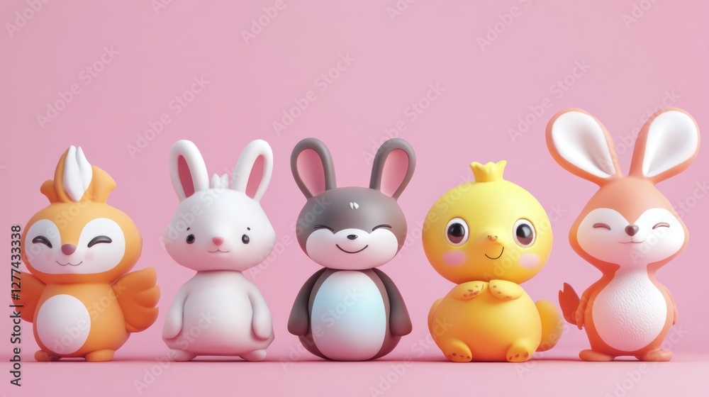 Fototapeta premium Cute cartoon animal figurines on a pink background. 