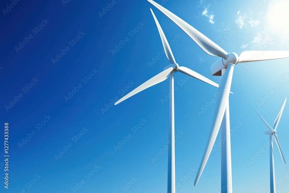Wind turbines against a bright blue sky symbolizing clean energy and sustainable future power generation with a low angle Wind turbines against a bright blue sky symbolizing clean energy and sustainable future power generation with a low angle