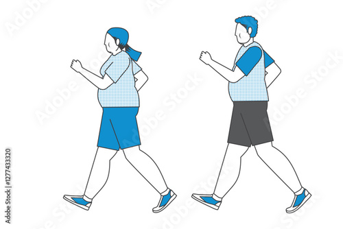 散歩、歩く、ウォーキングする太った男女ペアのイラスト　フラットデザイン　カラーと2色イラストのセット
