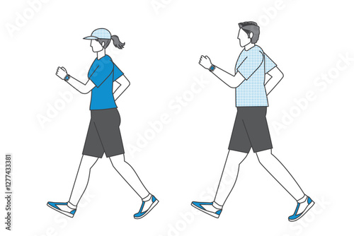 散歩、歩く、ウォーキングする男女ペアのイラスト　フラットデザイン　2色主線のイラストのセット

