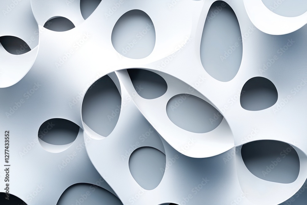 Abstract White Forms with Circular Cutouts and Subtle Shadows Creating a Modern and Minimalist Design with a Clean and Elegant Aesthetic