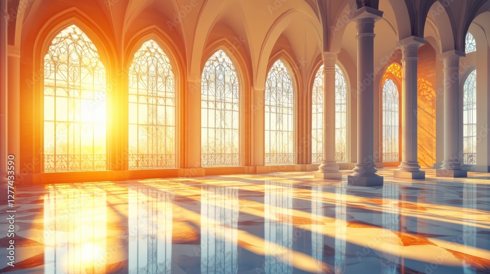 Fototapeta premium Serene Sunlit Hall with Elegant Arched Windows and Reflections