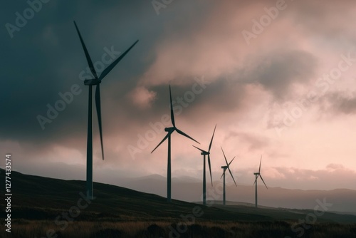 Wind turbines on a hill at sunset.  Possible use Stock photo photo