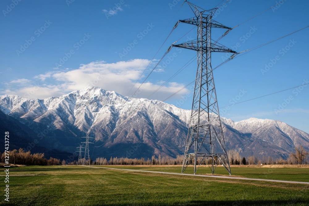 Serene Landscape with Power Lines Towering Over Green Field and Majestic Snow Capped Mountain Range Under Blue Sky Serene Landscape with Power Lines Towering Over Green Field and Majestic Snow Capped Mountain Range Under Blue Sky