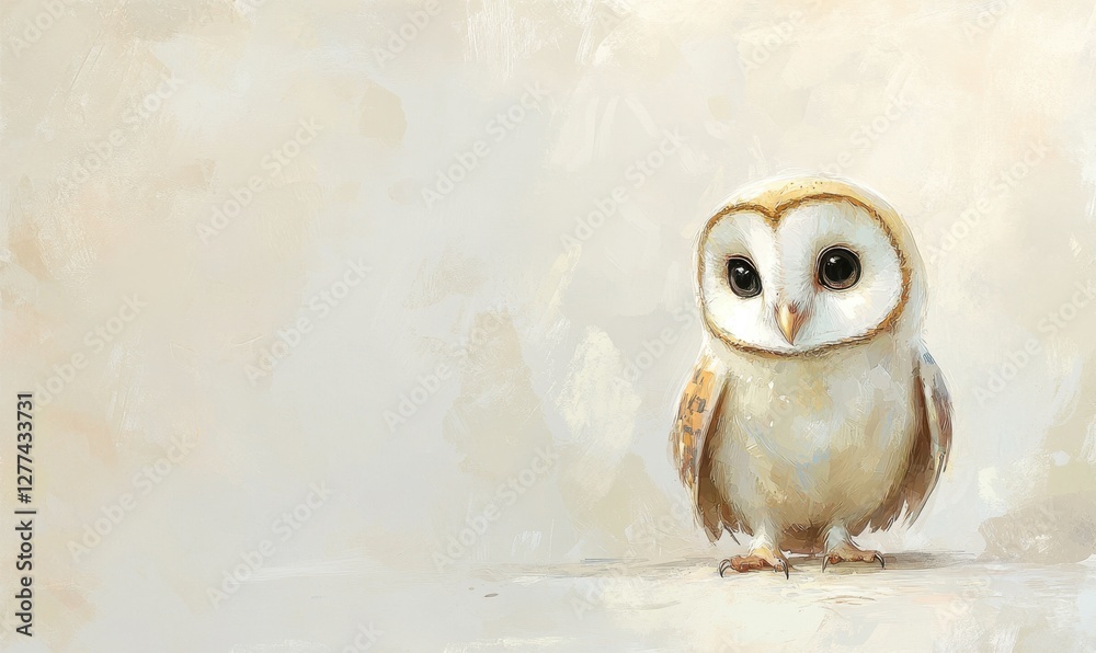 Obraz premium A charming barn owl stands on a smooth surface, gazing curiously at the viewer in a serene setting