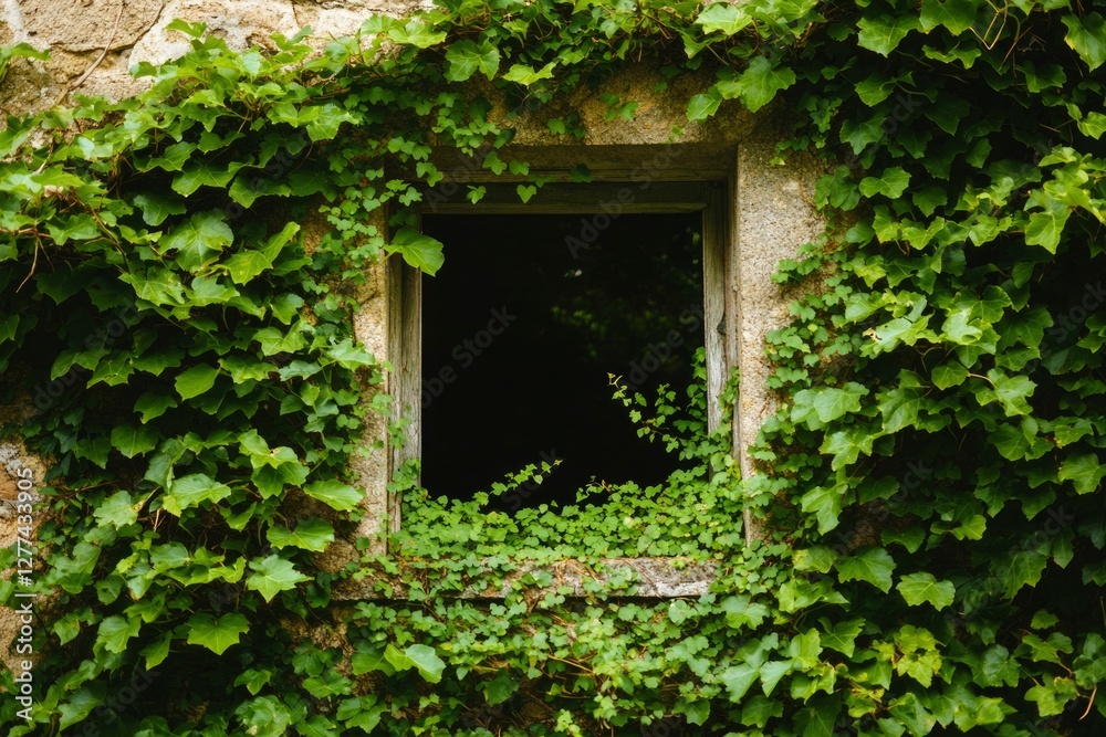 Old stone wall with overgrown ivy window, rural, tranquility Old stone wall with overgrown ivy window, rural, tranquility