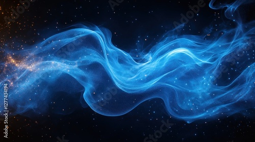 Abstract blue and orange energy wave with glowing particles on black background.