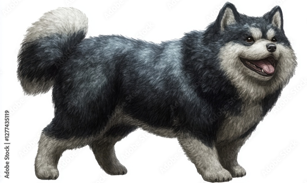 Fototapeta premium A cheerful, fluffy dog standing proudly in a bright, open space with a joyful expression