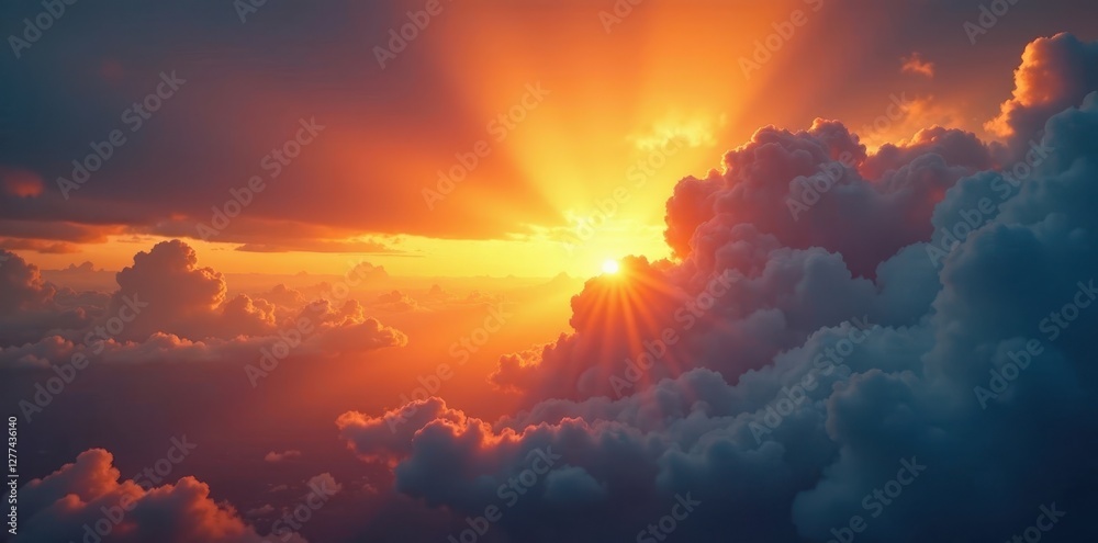 Obraz premium Golden rays pierce dramatic cloudscape, vibrant dawn colors , dramatic sky, landscape