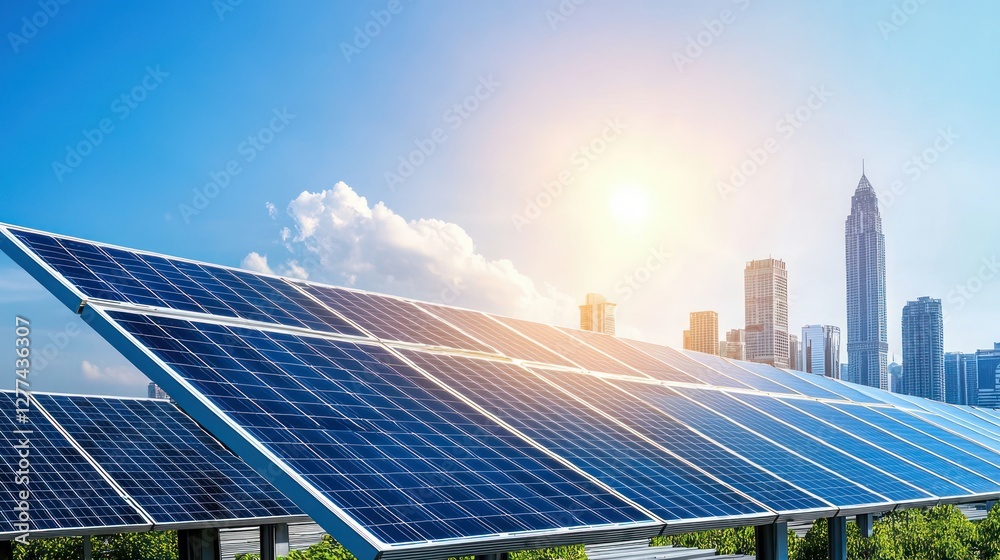 Solar panel array against a modern city skyline with a bright sun shining creating a positive mood and showing environmental awareness and clean energy
