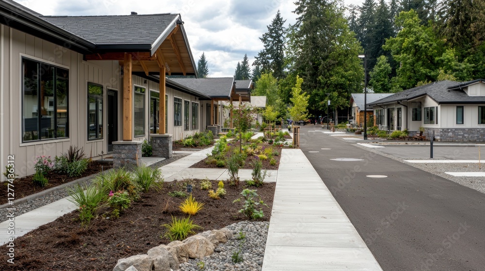 Serene Community Living Modern Architecture and Landscape Design Showcasing Tranquil Street View of Residential Buildings and Lush Greenery