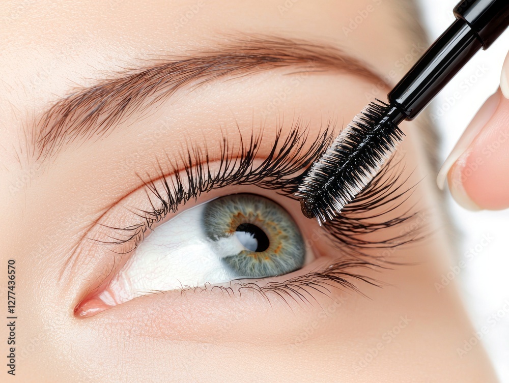 Naklejka premium Lashes Amplified: A close-up shot of an eye receiving the application of mascara. The focus is on the enhancement of the lashes, highlighting the beauty of the eye.