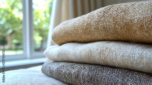 Stacked beige and brown linen fabrics near window photo