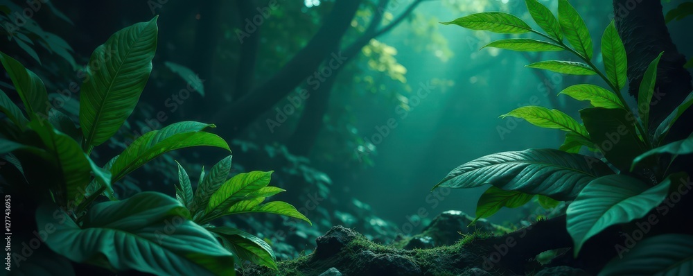 Fototapeta premium Mysterious jungle leaves, deep shadows, rich color , green, backdrop