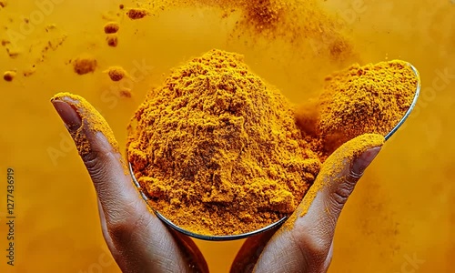 Hands holding a spoonful of vibrant yellow turmeric powder against a bright yellow background, showcasing the spice's texture and color