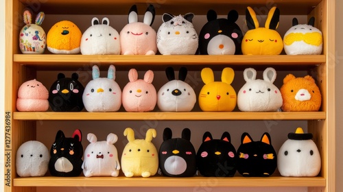 Plush toys collection on shelves, home display
