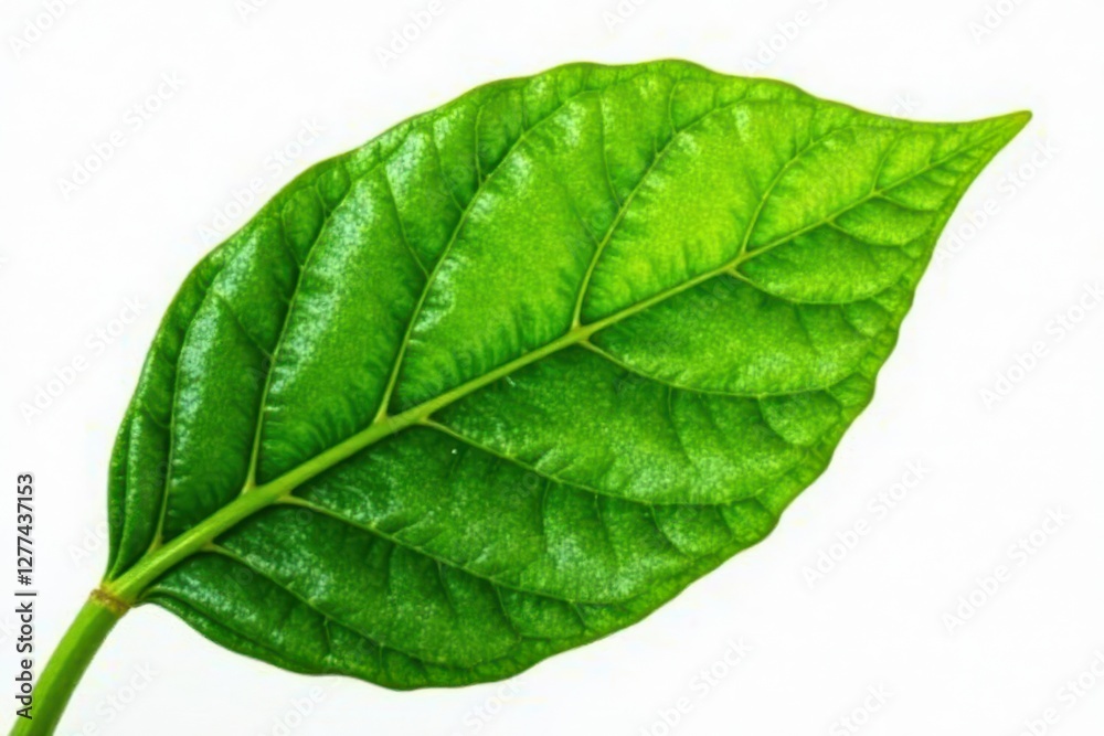 Obraz premium Single vibrant green cocoa leaf, crisp detail, white background, unprocessed, leaf vein