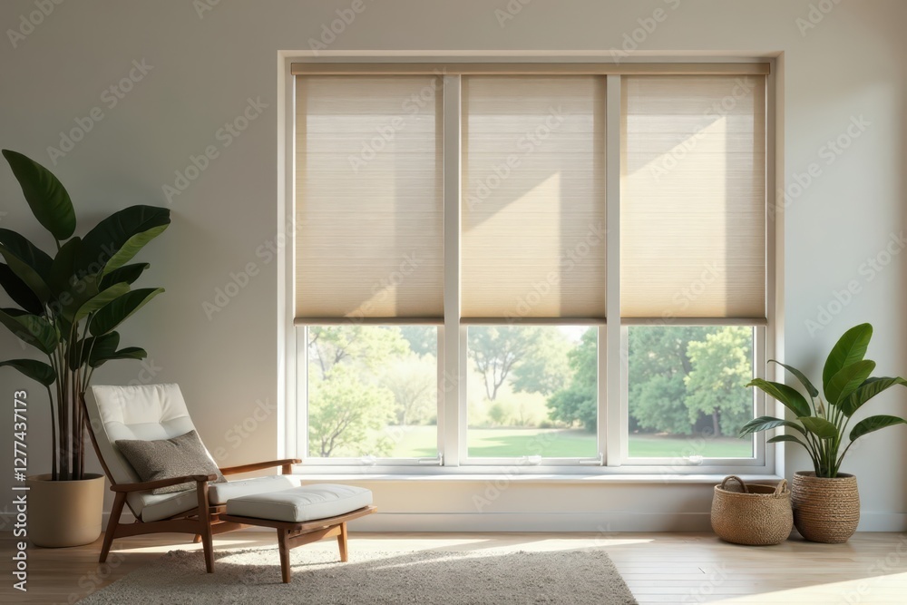 Fototapeta premium Sleek cellular shades filter soft light, enhancing modern window design , house, honeycomb shades