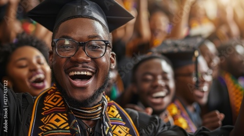 Wallpaper Mural Celebrating Achievement: A close-up of a joyous graduate, beaming with pride, surrounded by a diverse group of fellow graduates and friends, capturing the elation of academic accomplishment. Torontodigital.ca