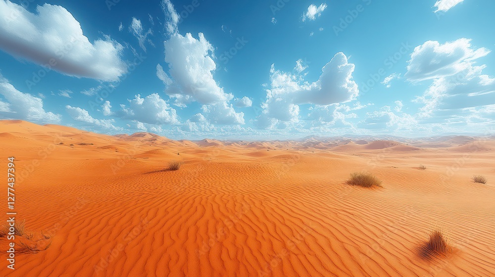 Naklejka premium Vast orange desert landscape under a vibrant blue sky with fluffy white clouds.