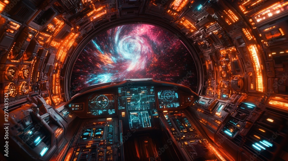 Obraz premium Spaceship cockpit view of vibrant nebula through circular window.