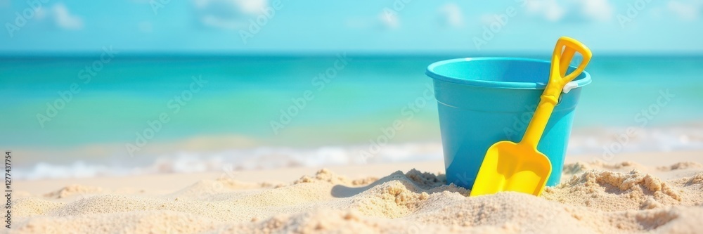 Bright yellow shovel beside a blue beach pail on sandy beach, plastic, fun Bright yellow shovel beside a blue beach pail on sandy beach, plastic, fun